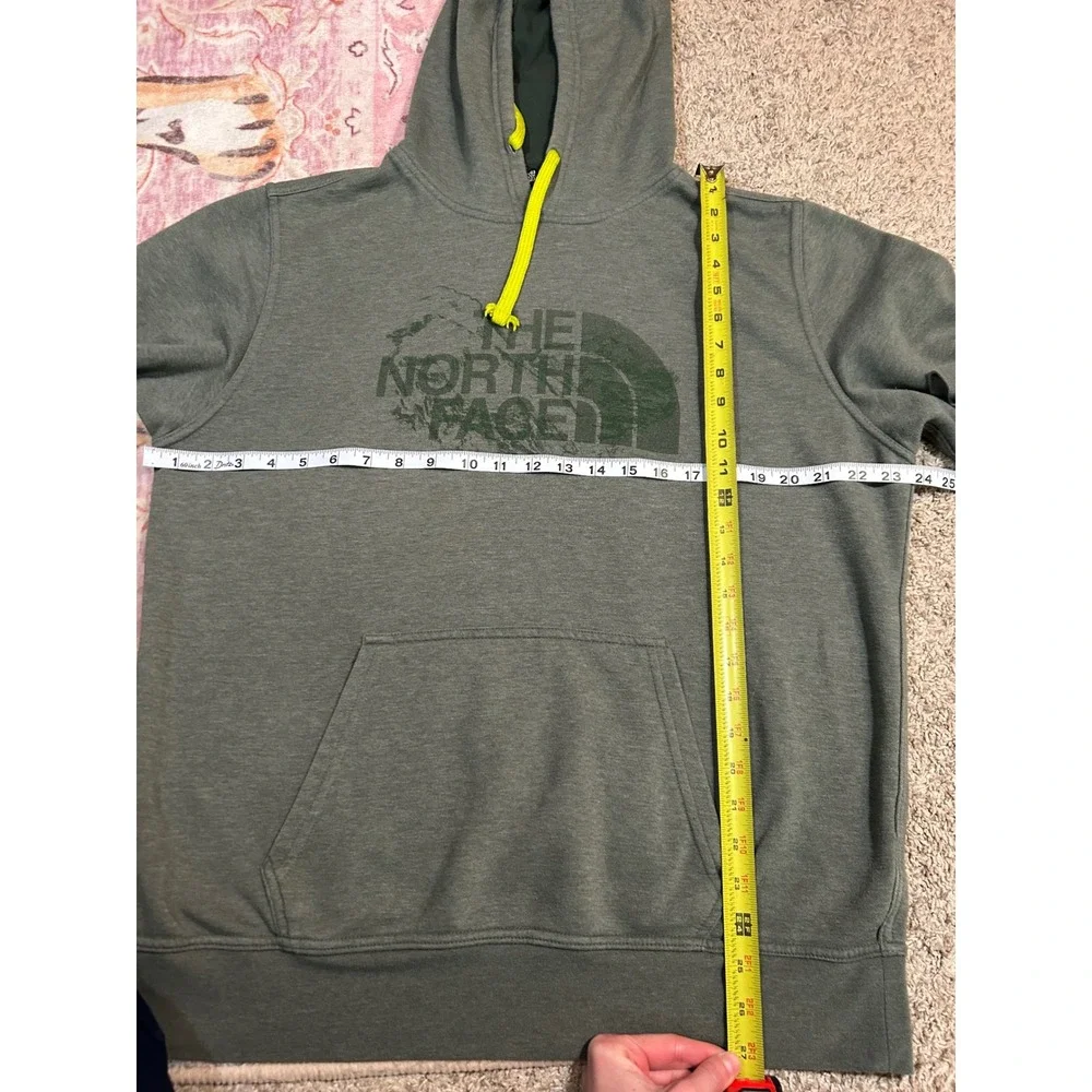 The North Face Mens Large Olive Green Graphic Logo Hoodie Neon Yellow Drawstring